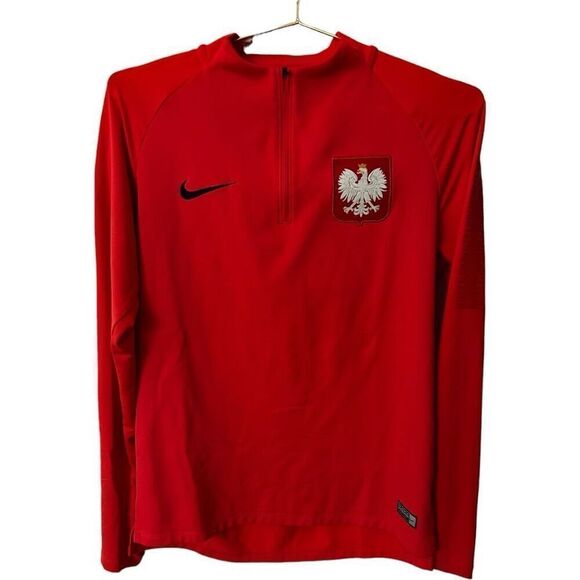 Nike Poland Squad Drill Training 1/4 Zip Mock Neck Raglan Sleeve Top Red Medium